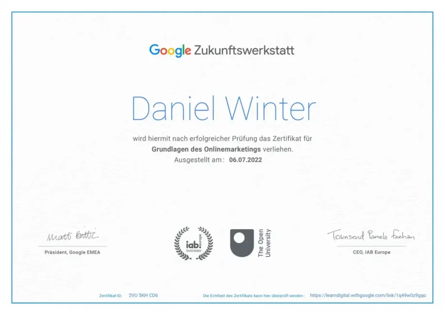 Zertifikat-Google-Zukunftswerkstatt Daniel Winter
