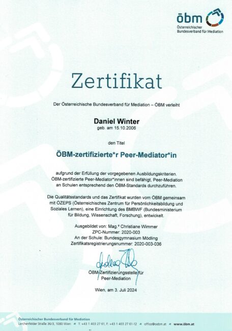 Zertifikat Peer Mediator